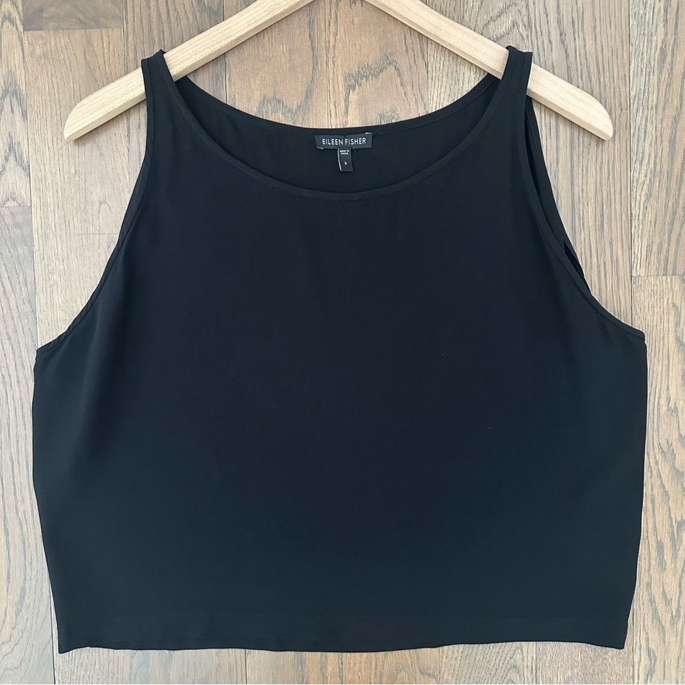 Eileen Fisher Silk Georgette Crepe Wide Neck Cropped Sleeveless Top Black Small